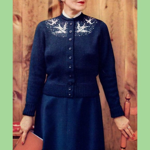 1950s Bird Cardigan Vintage Knitting Patterns For Women Sweater Cottagecore - Picture 4 of 5